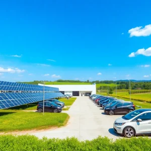 Exterior view of Hyundai's electric vehicle factory showcasing production lines and green technology.