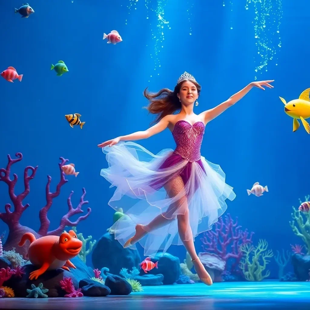A ballet scene from 'The Little Mermaid' showing a mermaid dancing in an underwater setting.