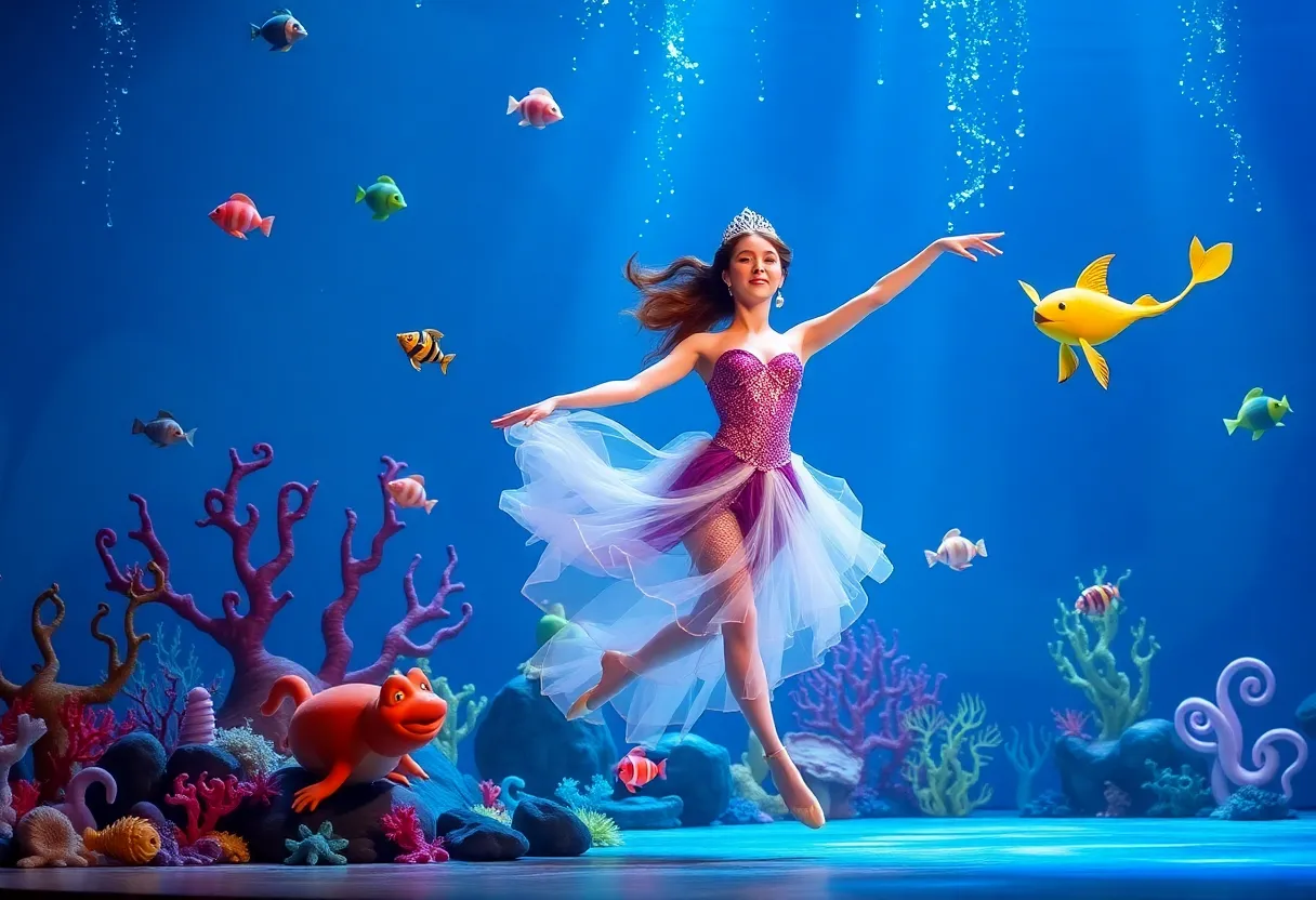 A ballet scene from 'The Little Mermaid' showing a mermaid dancing in an underwater setting.