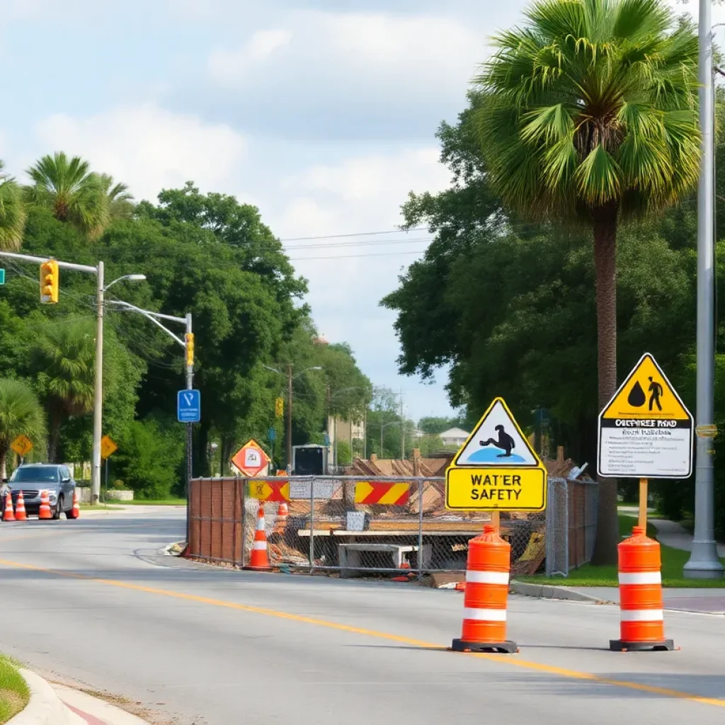 Construction site on Ogeechee Road with boil water advisory signs.