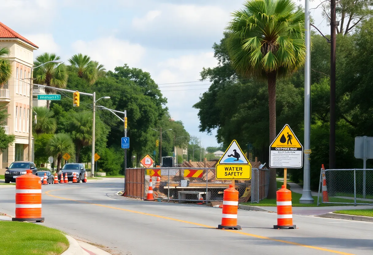 Construction site on Ogeechee Road with boil water advisory signs.