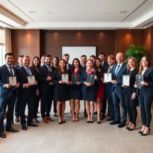 Celebration of Oliver Maner LLP's Super Lawyers recognition with a group of attorneys holding awards.