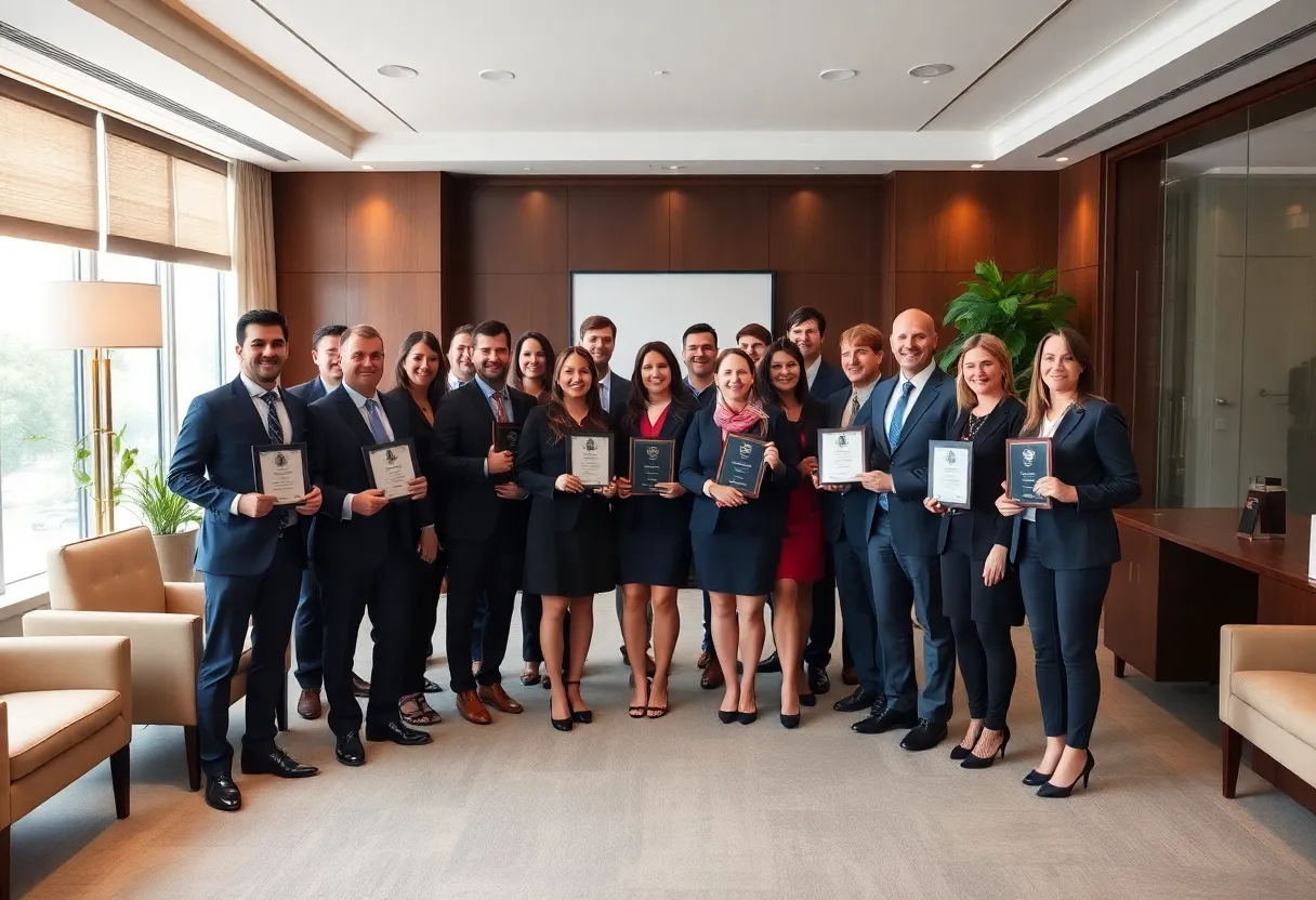 Celebration of Oliver Maner LLP's Super Lawyers recognition with a group of attorneys holding awards.