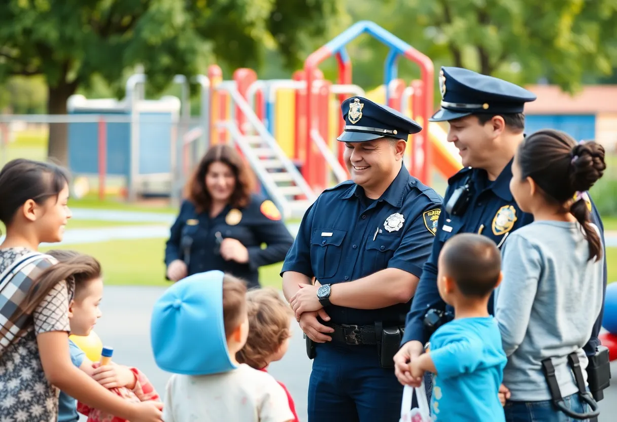Pooler police officers at a playground with children