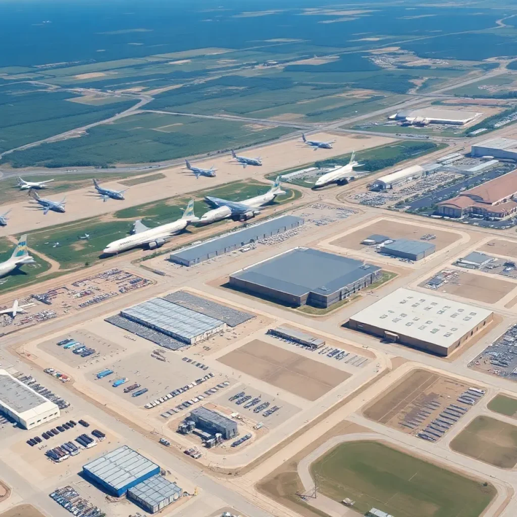 Aerial view of Robins Air Force Base with construction and military activity.