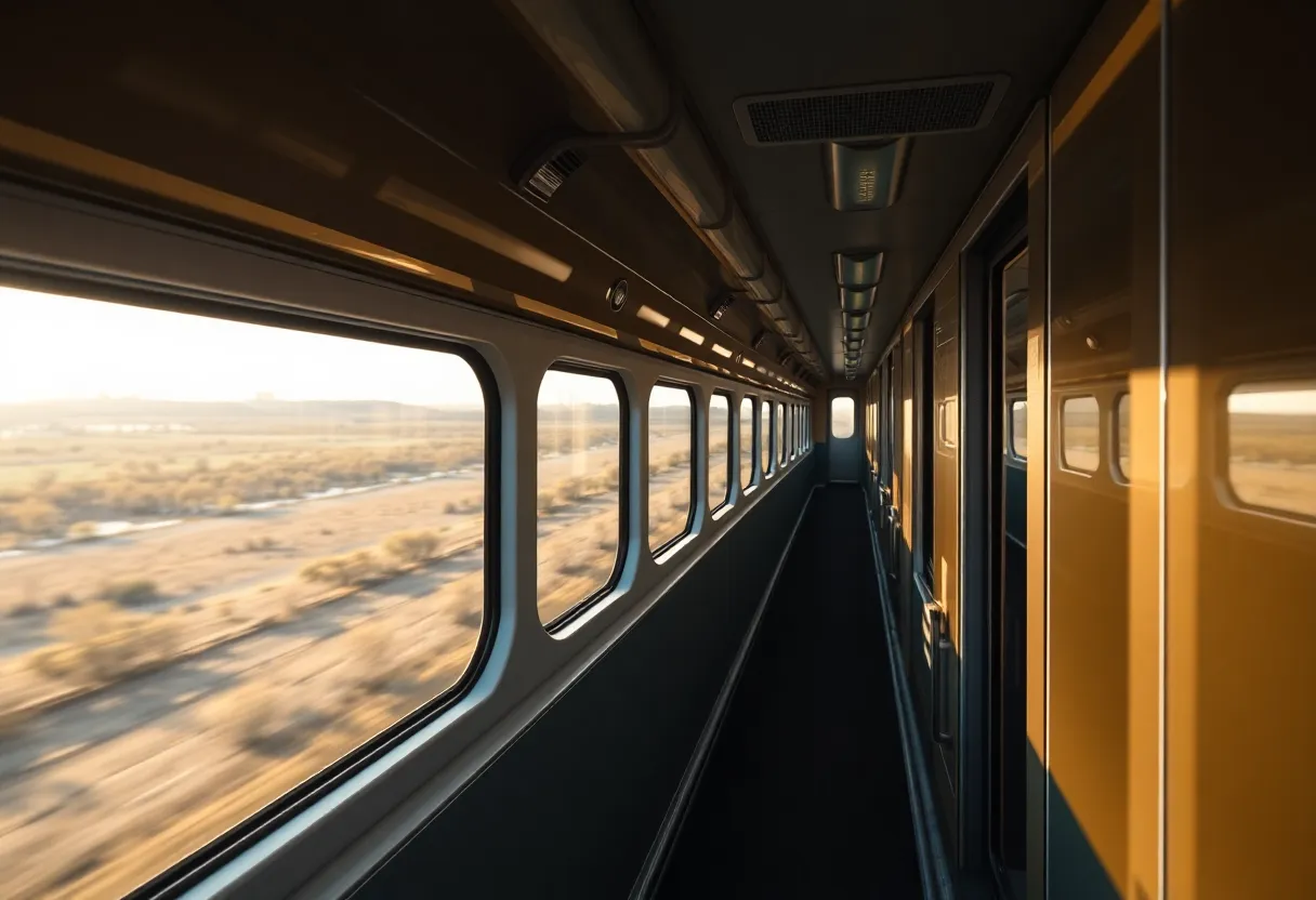 Passenger train traveling through scenic landscapes from Savannah to Atlanta