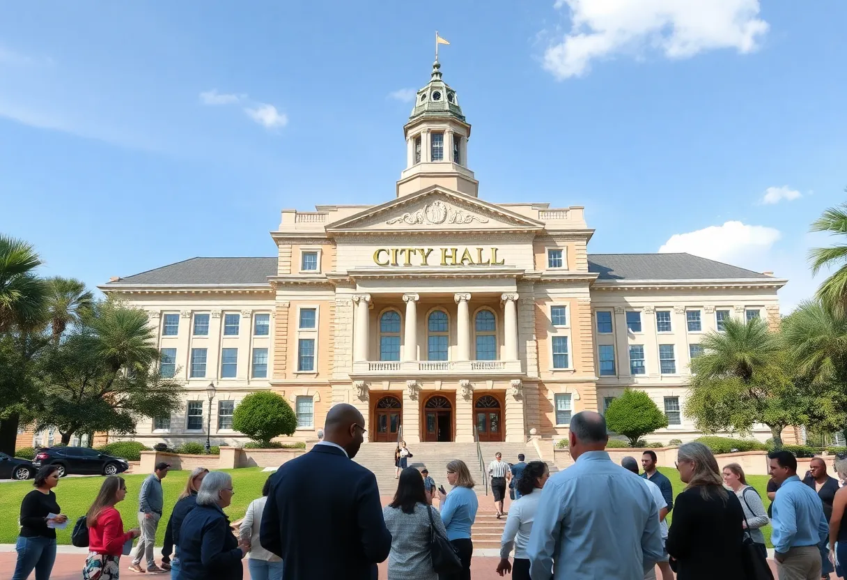 People engaging in discussion in front of Savannah City Hall