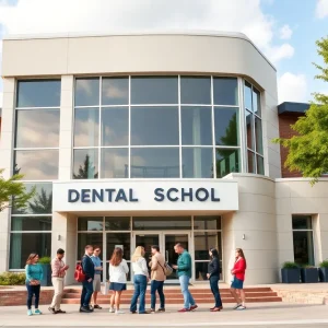 A modern dental school building with people discussing outside