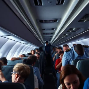Interior view of an airplane during a chaotic incident