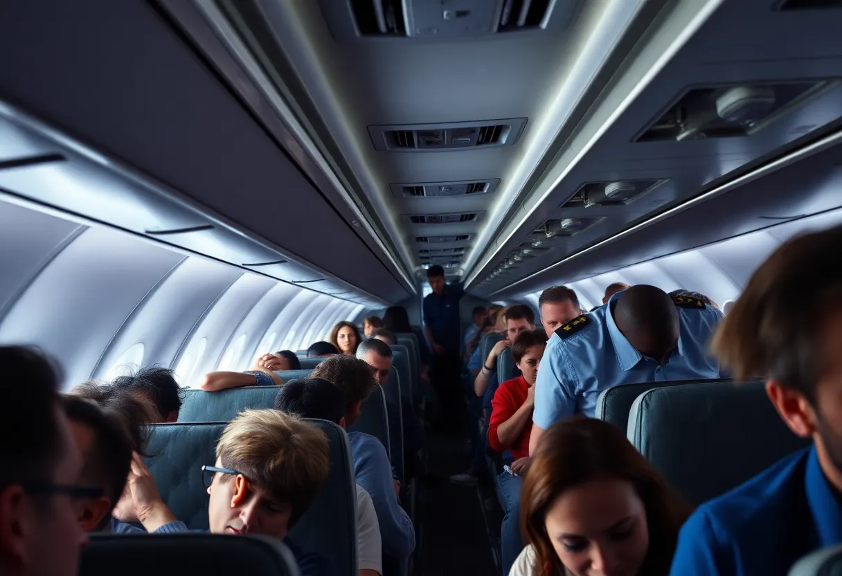 Interior view of an airplane during a chaotic incident