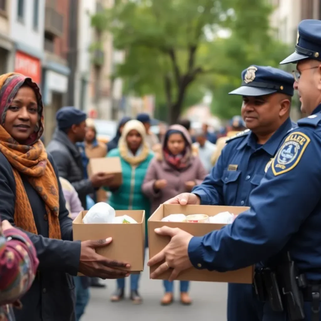 Public safety officers helping distribute food boxes to residents in Savannah