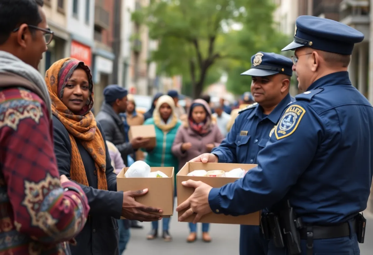 Public safety officers helping distribute food boxes to residents in Savannah