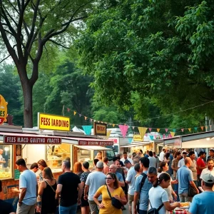 A lively gathering of food trucks in Savannah with people enjoying food.