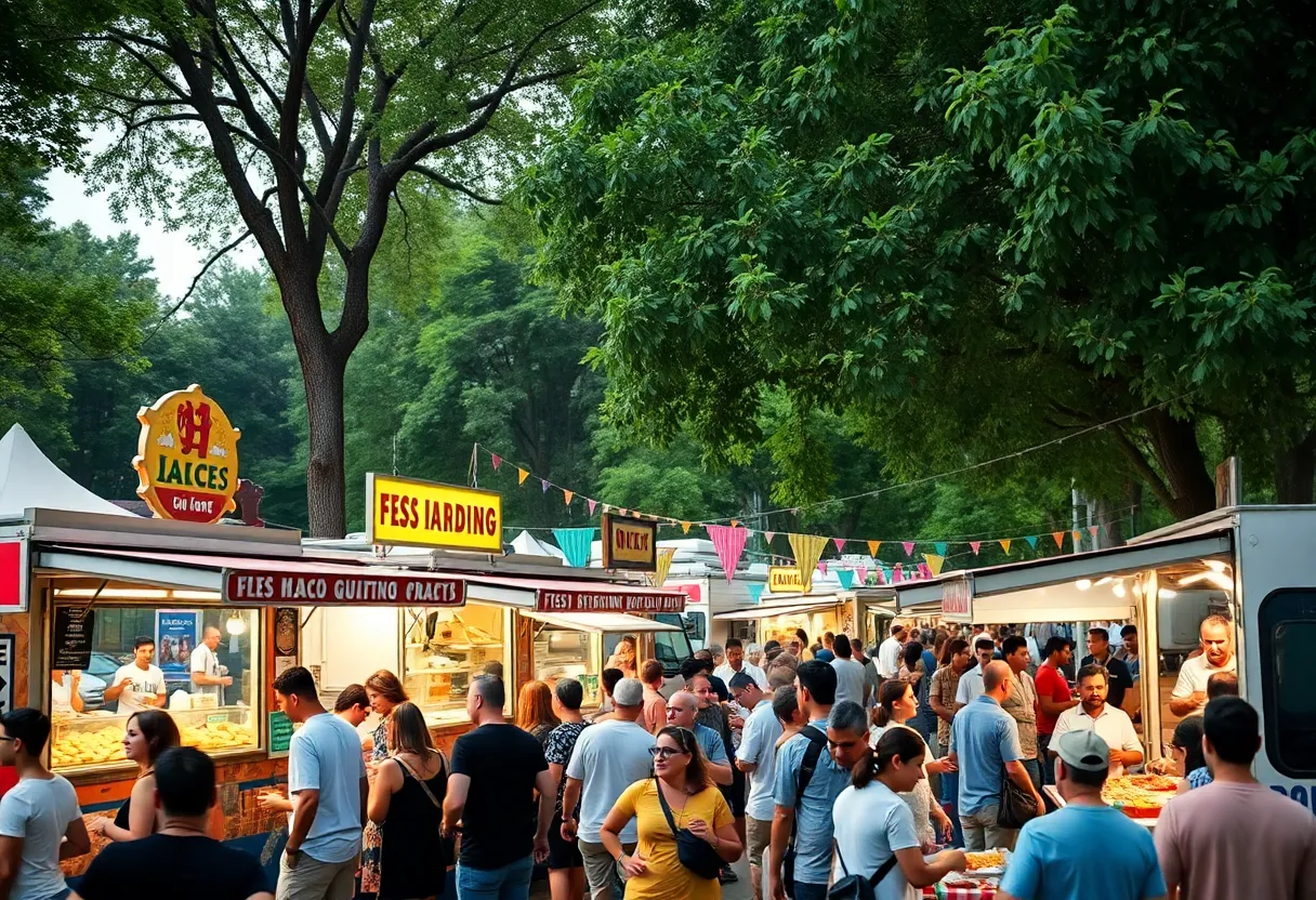 A lively gathering of food trucks in Savannah with people enjoying food.