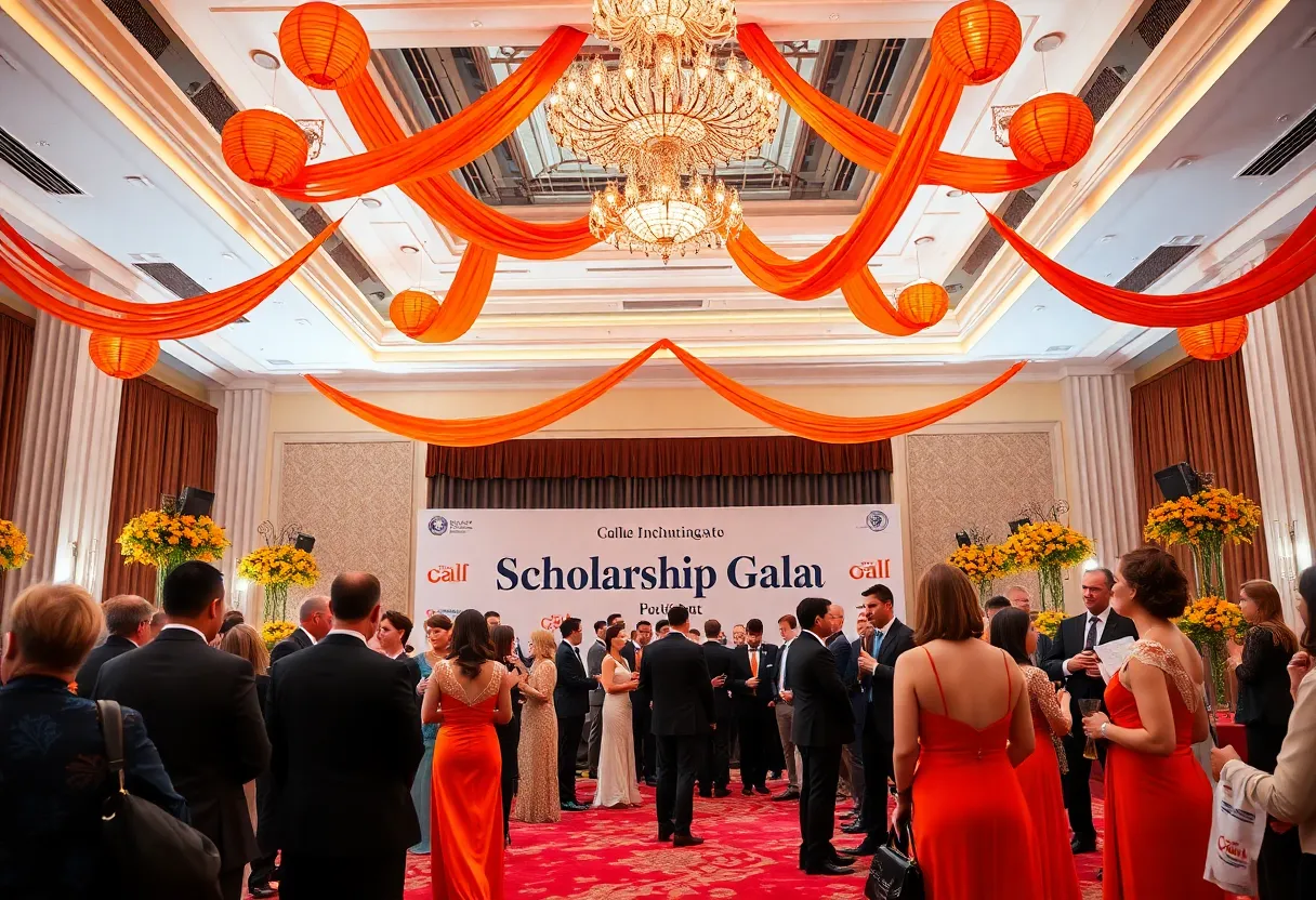 Guests attending the Savannah Scholarship Gala dressed in elegant attire with orange decor