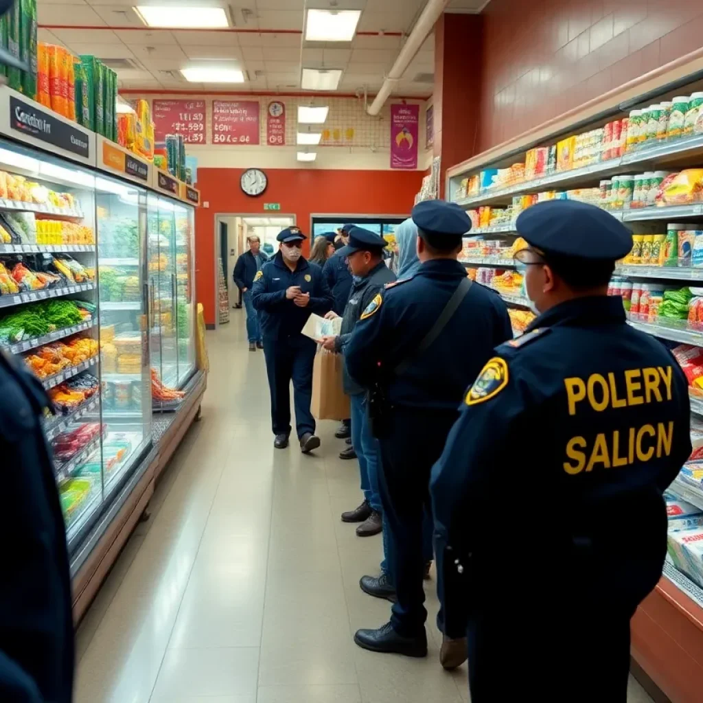 Scene depicting a grocery store with police presence, symbolizing community safety against crime.