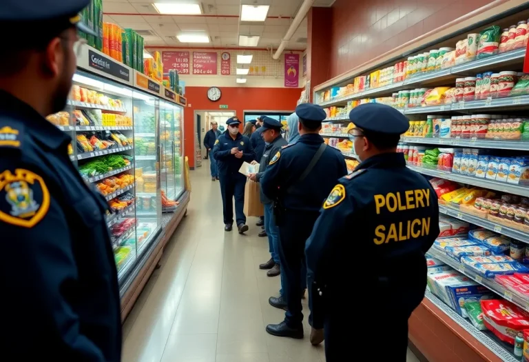 Scene depicting a grocery store with police presence, symbolizing community safety against crime.