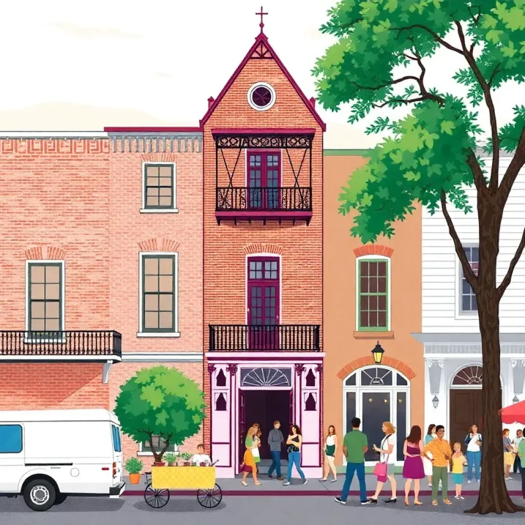 Historic buildings in Savannah with a vibrant community event.