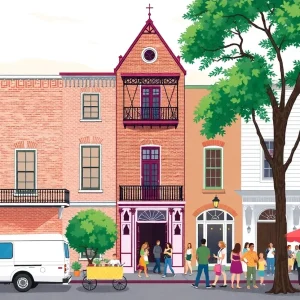 Historic buildings in Savannah with a vibrant community event.