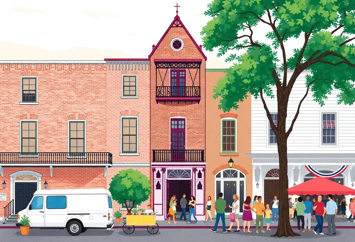 Historic buildings in Savannah with a vibrant community event.