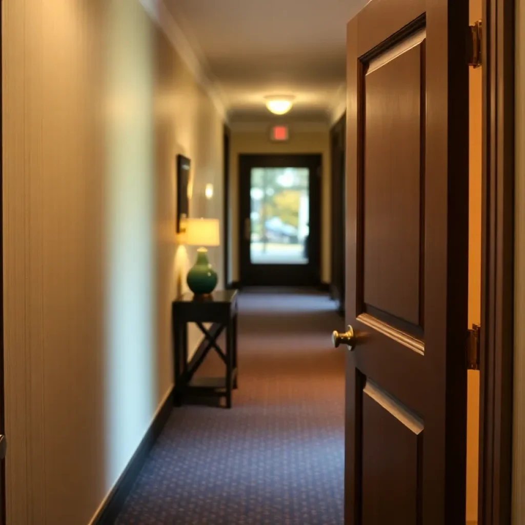 A closed door in a Savannah hotel corridor promoting safety and caution.