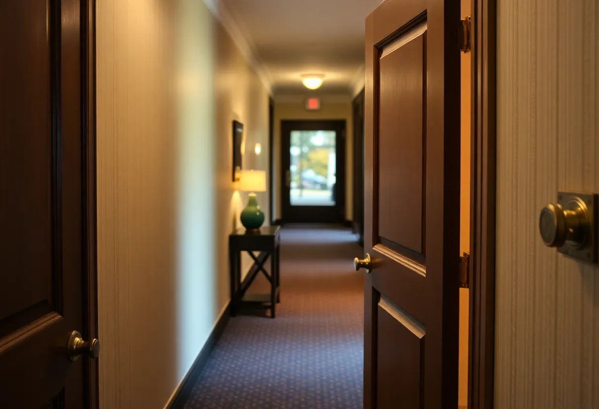 A closed door in a Savannah hotel corridor promoting safety and caution.