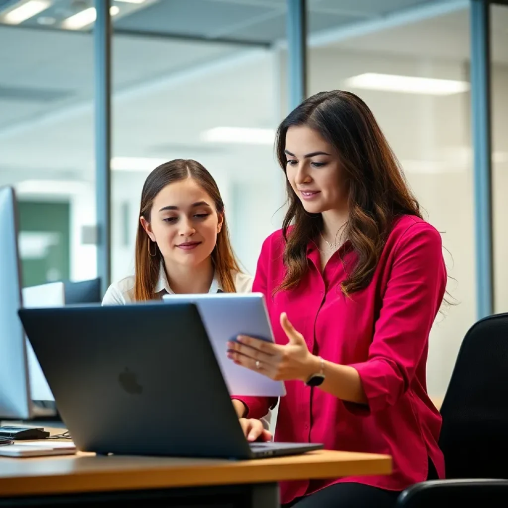 A mother and daughter collaborating in a security office, emphasizing teamwork and innovation.