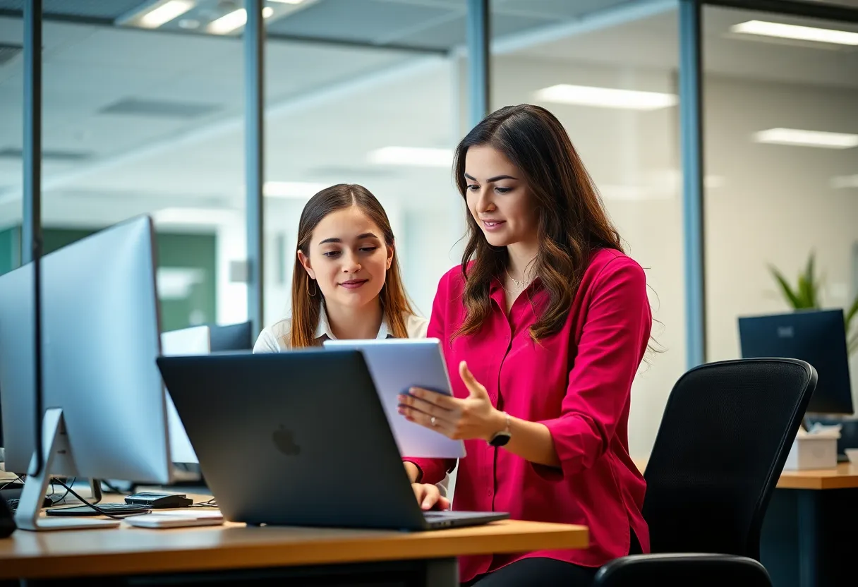A mother and daughter collaborating in a security office, emphasizing teamwork and innovation.