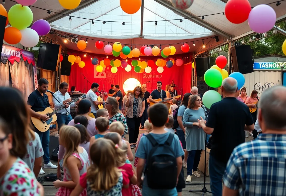 Scene from the Savannah Music Festival with musicians and families enjoying live performances.