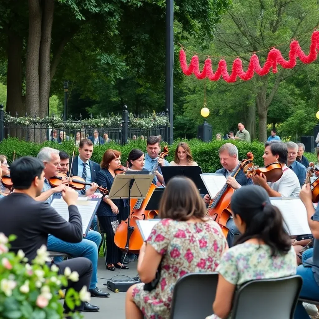 Community members enjoying a concert by the Savannah Philharmonic in a park.