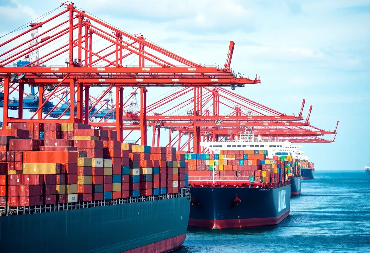 Busy scene at Savannah's ports with cargo ships and cranes