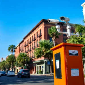 Advanced public safety technology in Savannah with visible cameras and call boxes