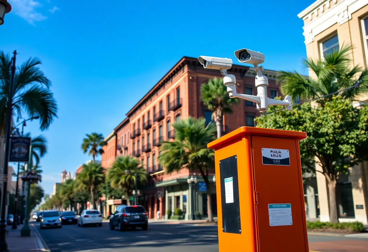 Advanced public safety technology in Savannah with visible cameras and call boxes