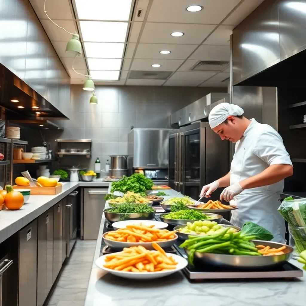A bustling restaurant kitchen emphasizing food safety and cleanliness during an inspection.