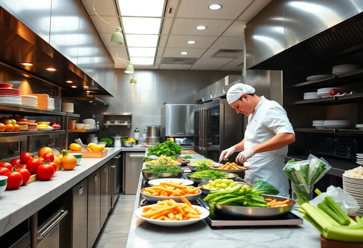 A bustling restaurant kitchen emphasizing food safety and cleanliness during an inspection.
