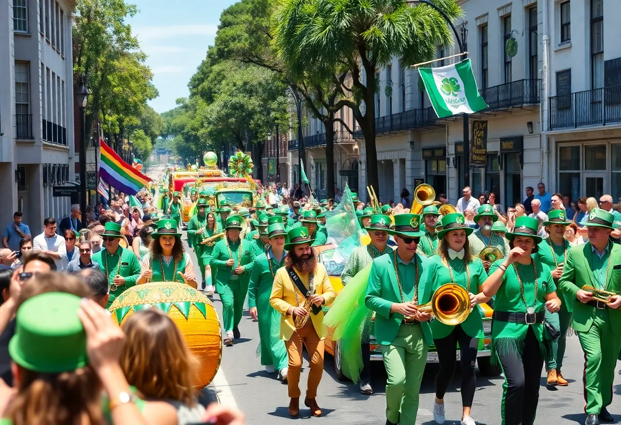 Colorful floats and participants celebrating during Savannah's St. Patrick's Day Parade