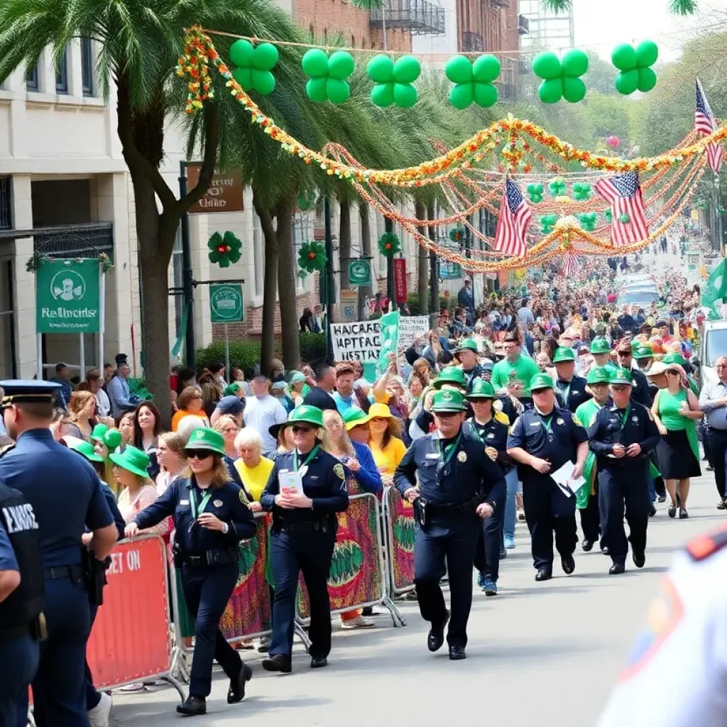 A lively St. Patrick's Day parade in Savannah with colorful floats and cheering attendees.