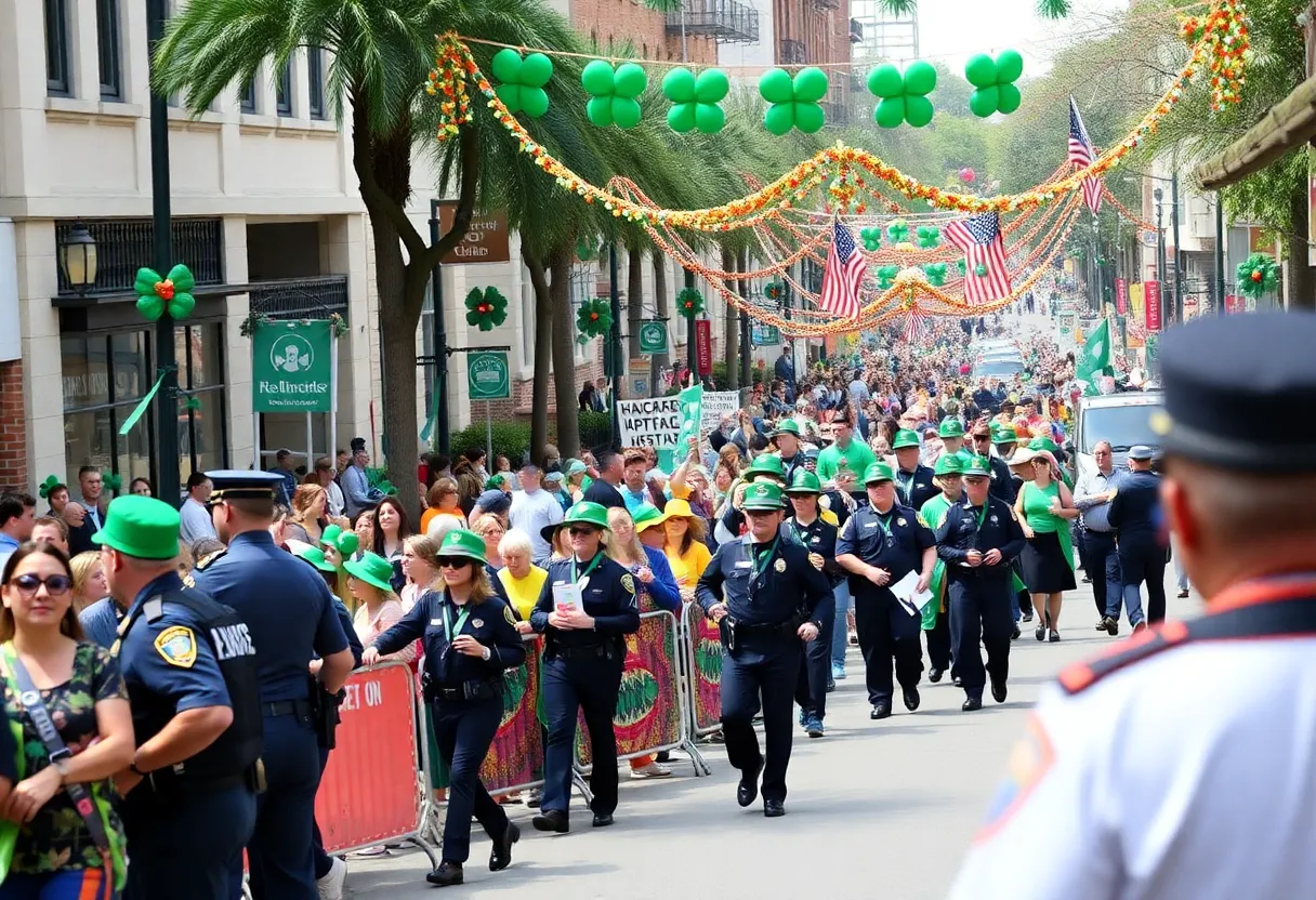 A lively St. Patrick's Day parade in Savannah with colorful floats and cheering attendees.