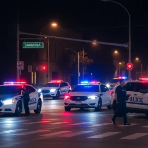 Police vehicles at a Savannah intersection with pedestrians