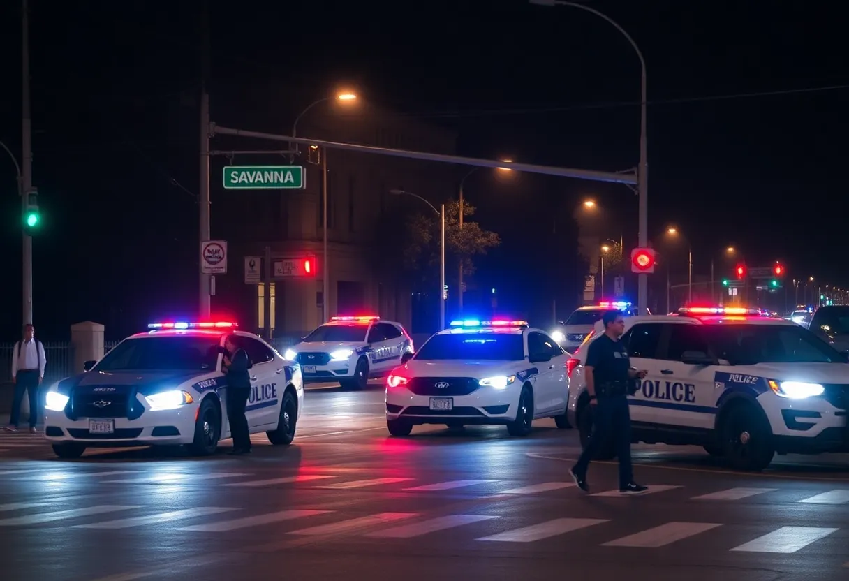 Police vehicles at a Savannah intersection with pedestrians