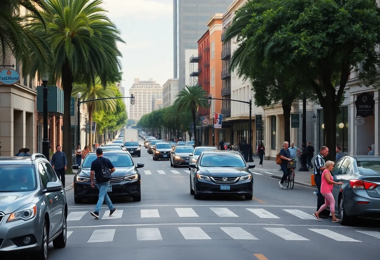 Busy Savannah street intersection with pedestrians and vehicles