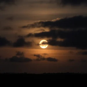 Savannah skyline with a cloudy sky and total lunar eclipse.