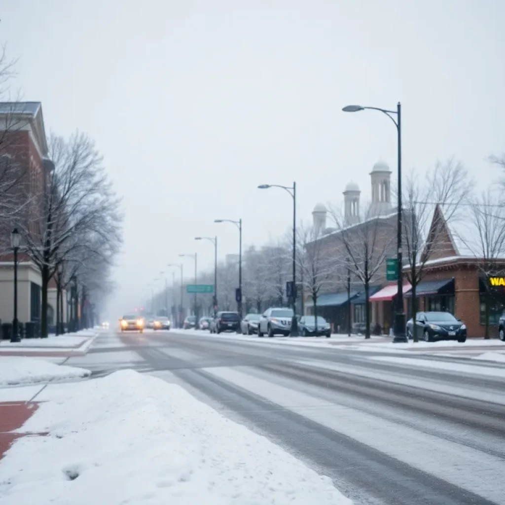 Snowy street in Savannah with warming center sign