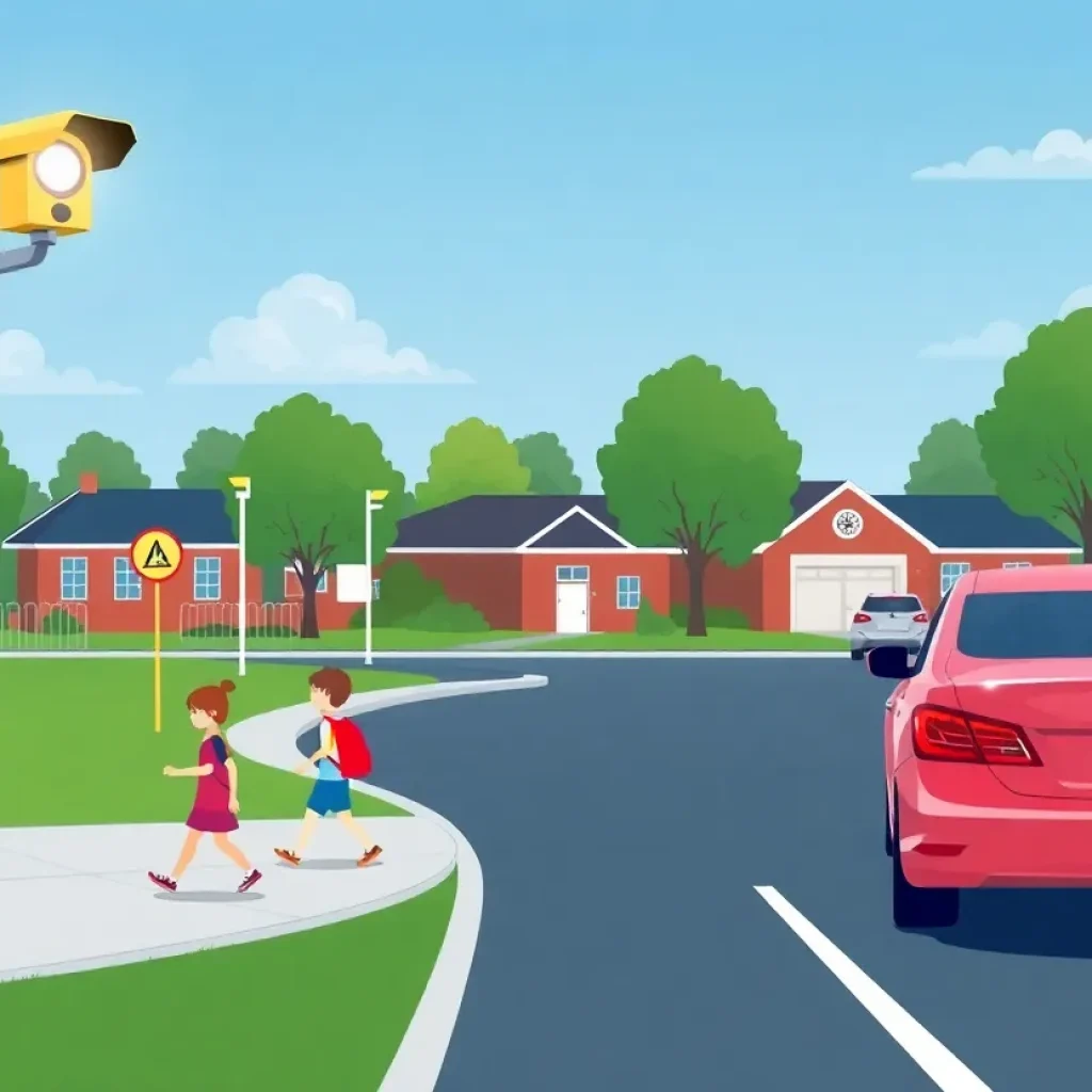 Children walking in a school zone with speed cameras