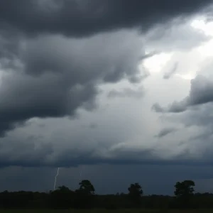 Dark storm clouds over a Georgian landscape