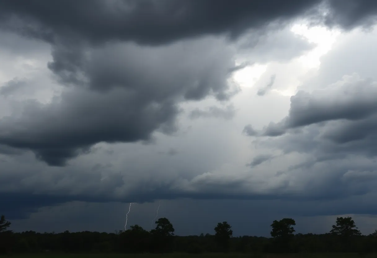 Dark storm clouds over a Georgian landscape