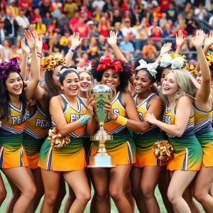 Cheerleaders from Savannah State University celebrating their historic win at CheerSport Nationals.