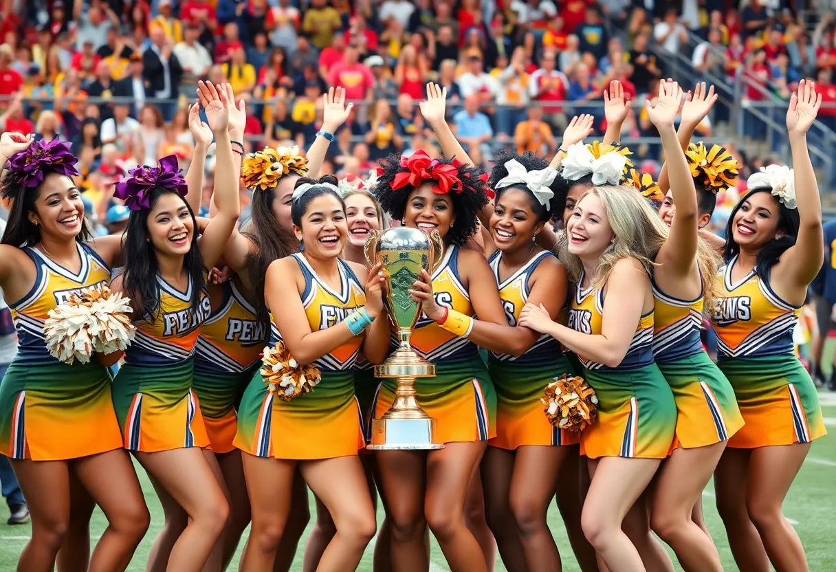 Cheerleaders from Savannah State University celebrating their historic win at CheerSport Nationals.