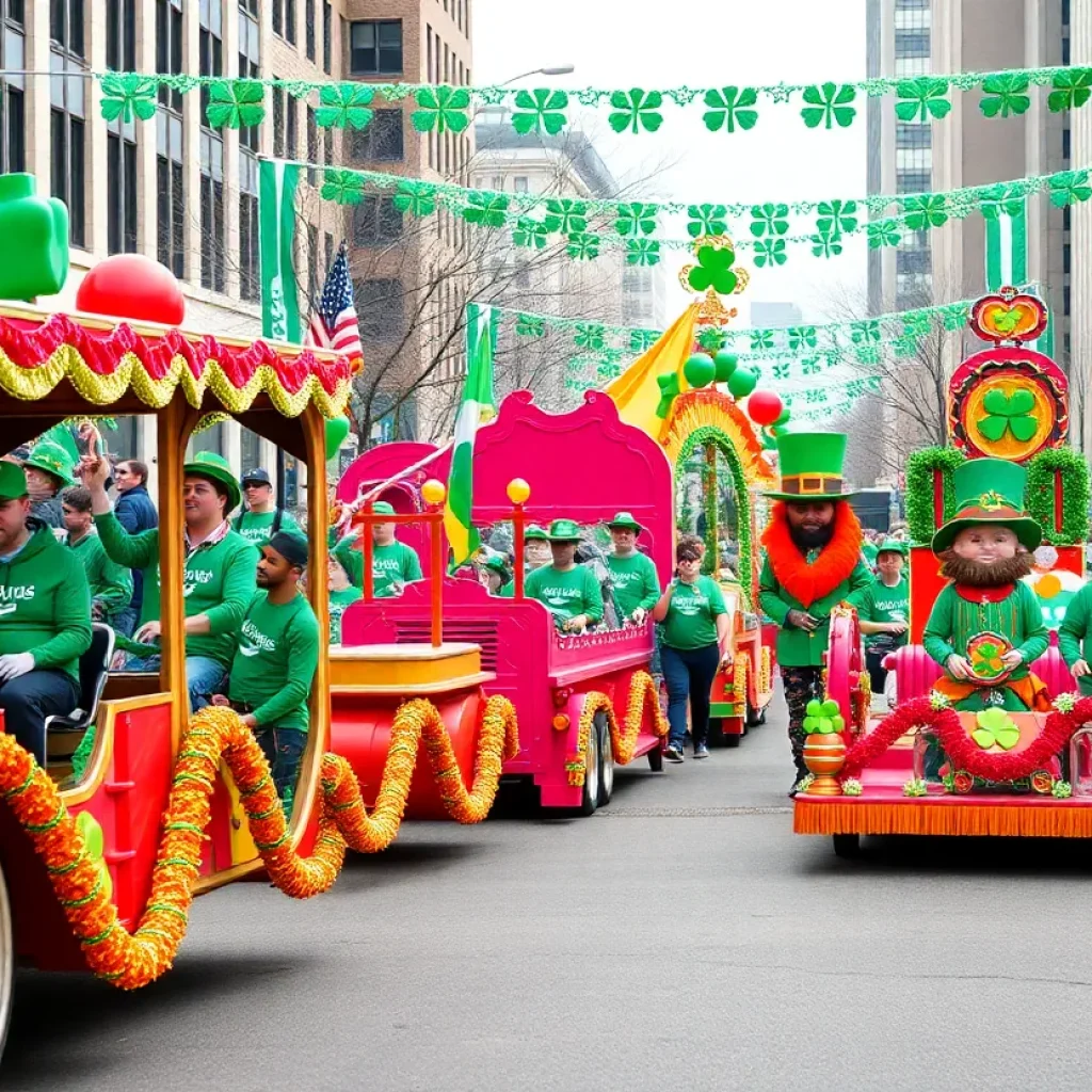 Colorful floats and participants celebrating St. Patrick's Day in Savannah