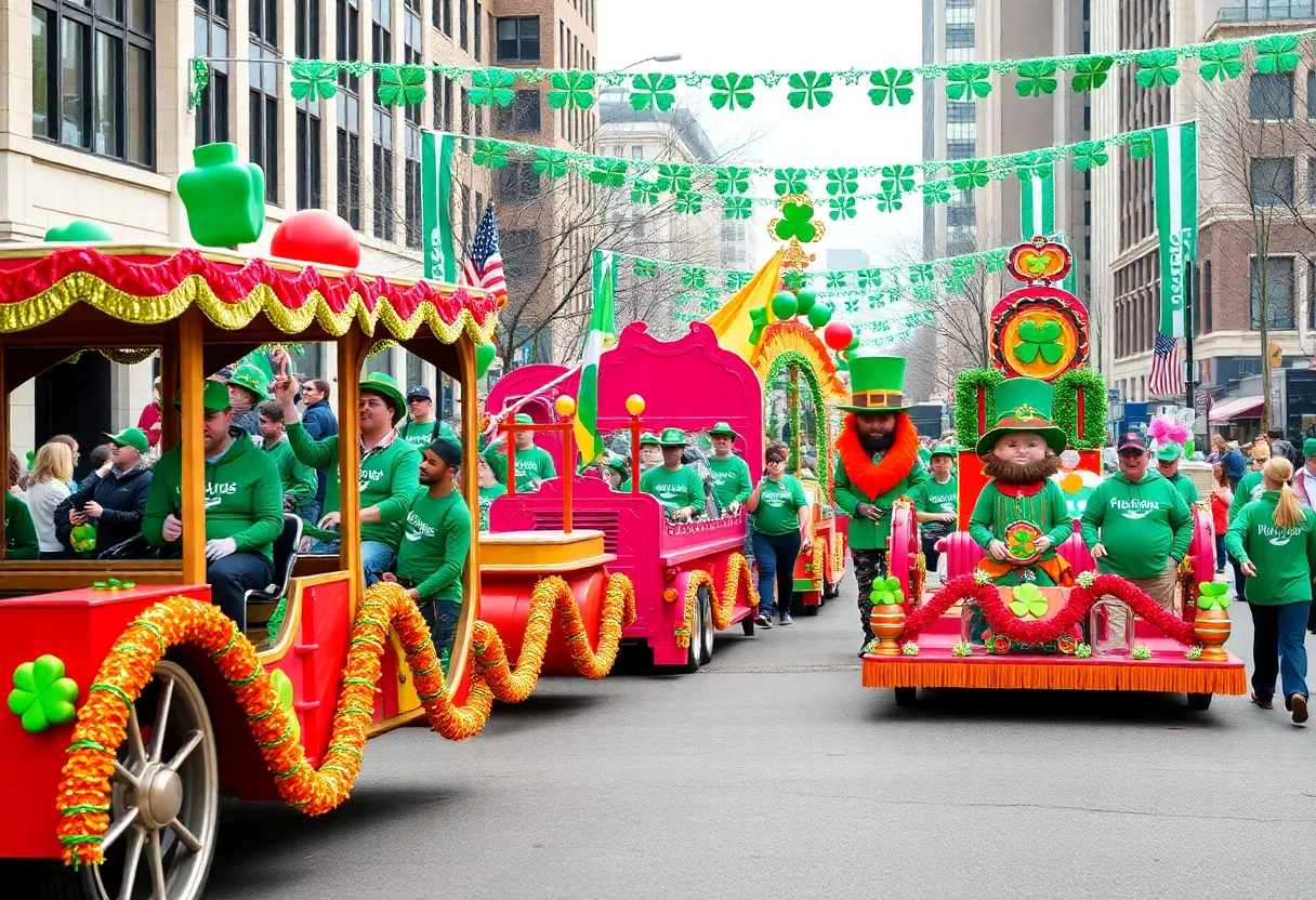 Colorful floats and participants celebrating St. Patrick's Day in Savannah